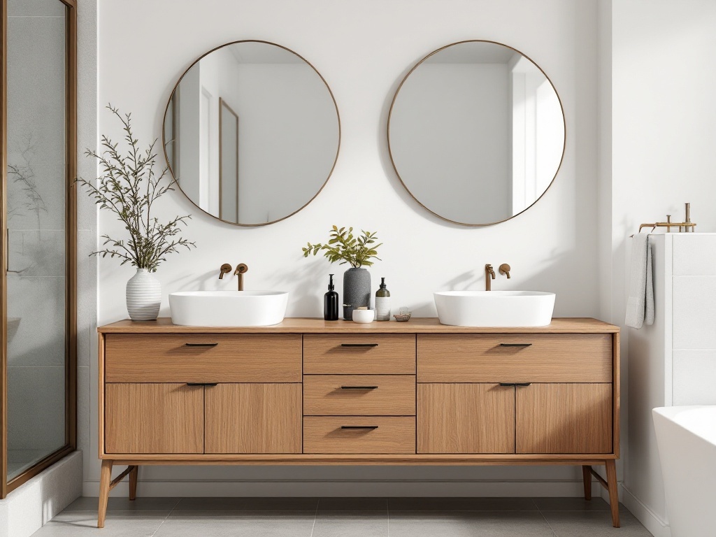 A mid-century modern bathroom vanity with two sinks, round mirrors, and wooden cabinetry.