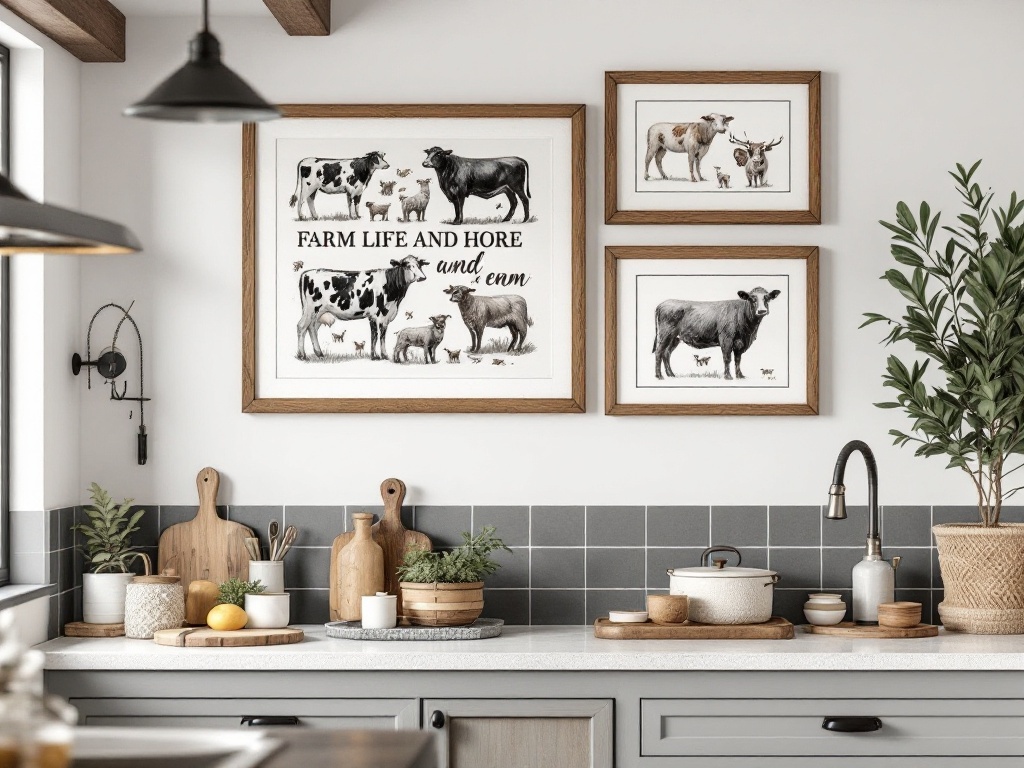 Farm-inspired wall decor featuring framed illustrations of farm animals in a rustic kitchen.