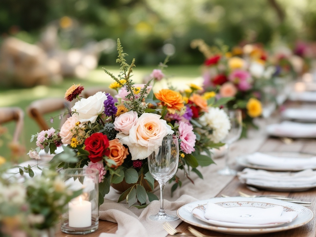 A beautifully arranged table with floral centerpieces featuring seasonal blooms, surrounded by elegant table settings.