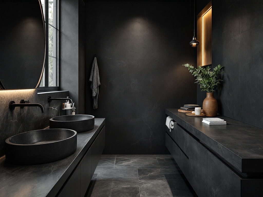 Modern bathroom featuring black concrete elements, including sinks and countertops, with warm lighting and a potted plant.