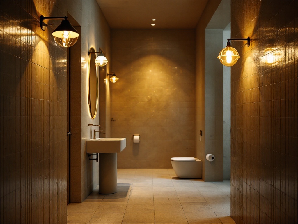 A narrow bathroom with warm lighting, featuring wall-mounted sconces and a round mirror.