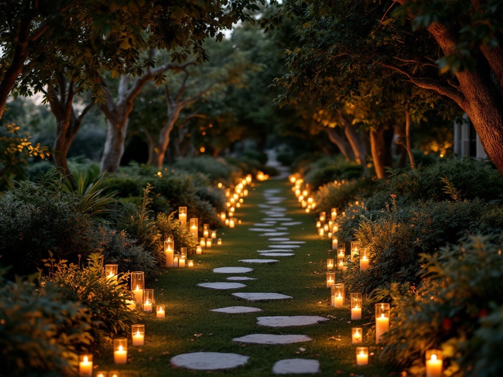 A beautifully lit pathway lined with candles and greenery, creating a romantic atmosphere.