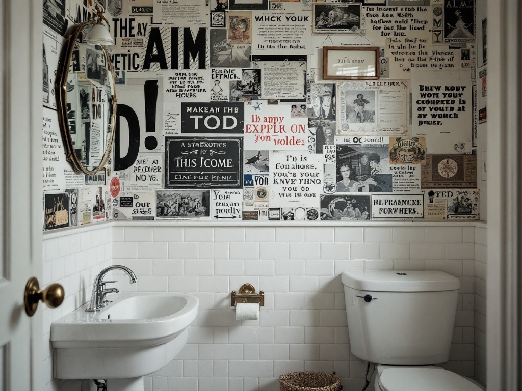 A bathroom featuring a collage of vintage posters and prints on the walls, with a mirror and sink visible.