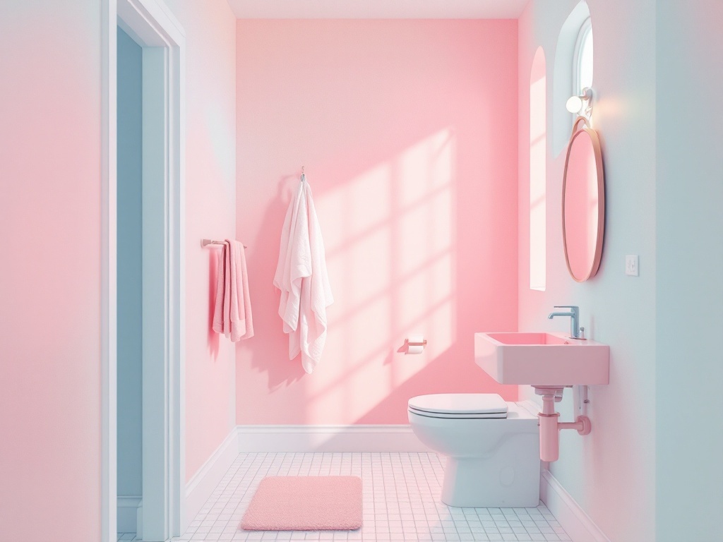 A narrow bathroom with light pink walls, white accents, and natural light streaming in.
