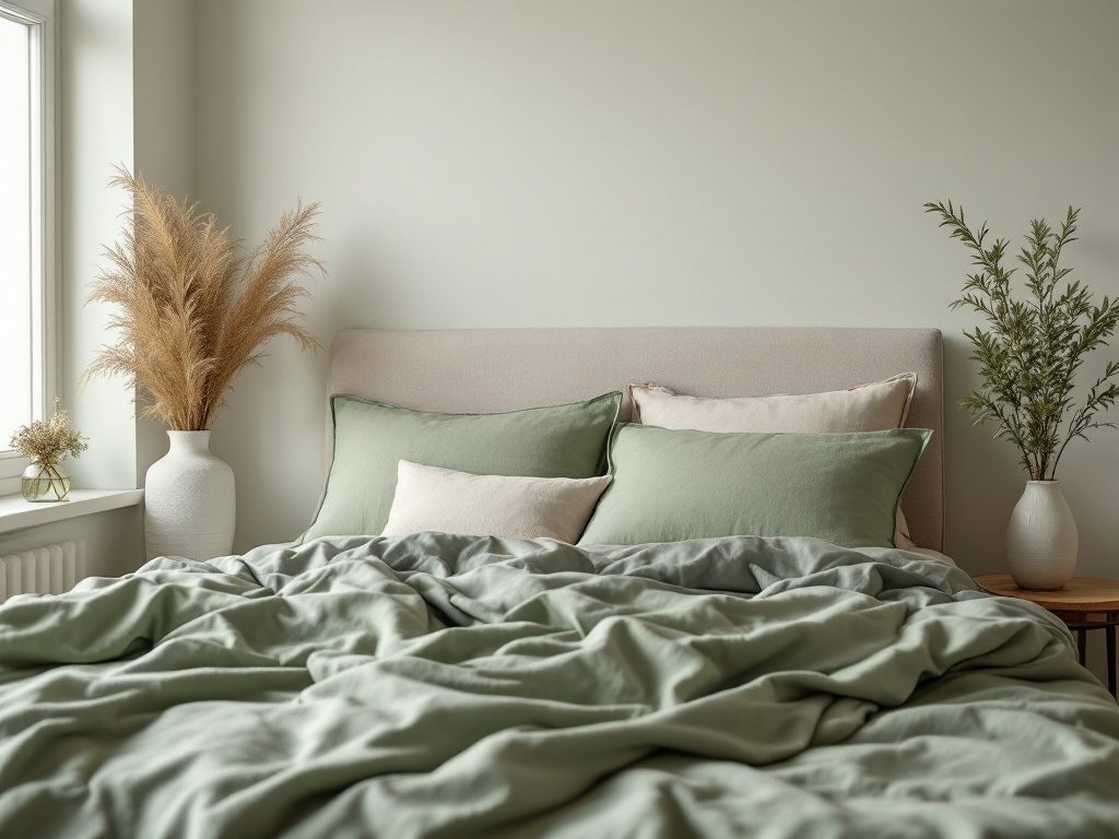 A cozy bedroom featuring sage green bedding, soft pillows, and decorative plants.