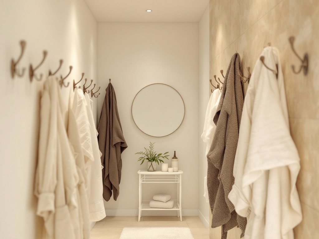A narrow bathroom with decorative hooks on the wall holding towels, a round mirror, and a small table with plants.