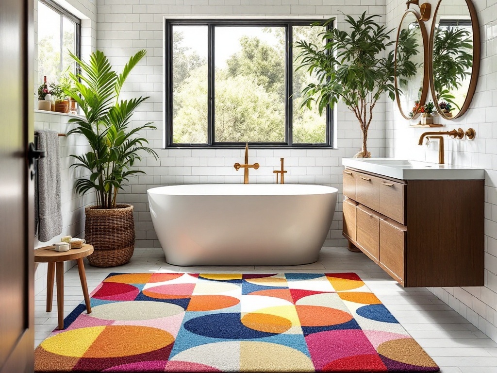 A colorful geometric rug in a modern bathroom with a freestanding bathtub and plants.