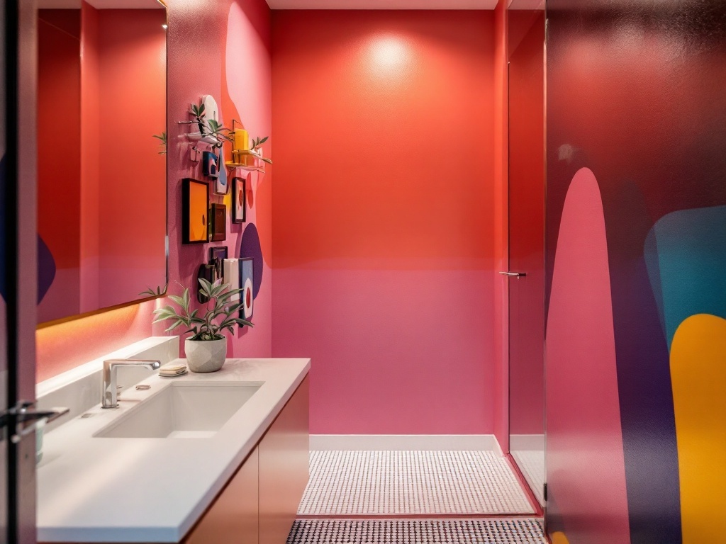 A narrow bathroom featuring a bold accent wall with bright pink and colorful geometric shapes.