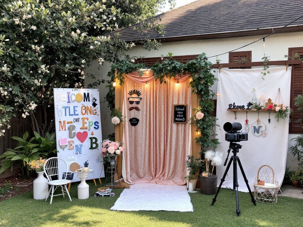 A DIY photo booth setup with colorful decorations, props, and a camera on a tripod in a backyard.
