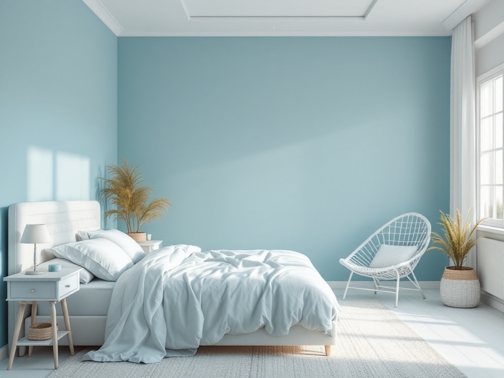 A serene bedroom featuring light blue walls, white bedding, and natural decor elements.
