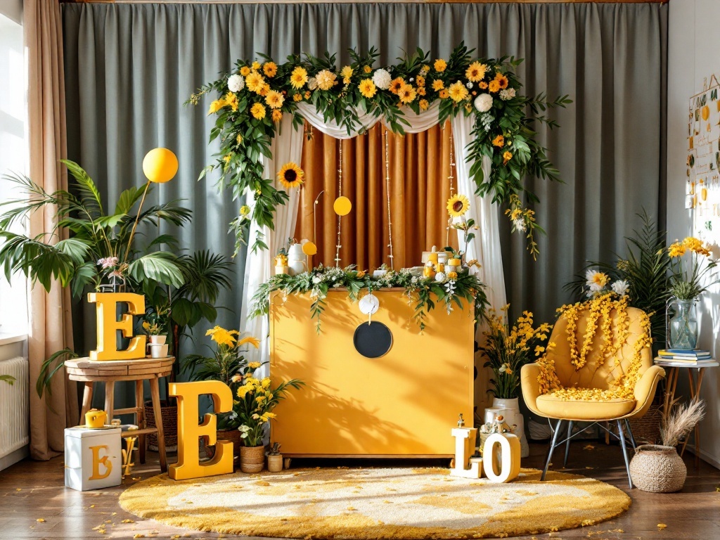 A vibrant photo booth decorated with yellow flowers and greenery, featuring a yellow backdrop and playful props.