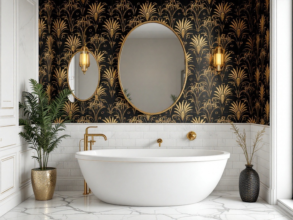 A luxurious bathroom featuring gold accents, black wallpaper with a floral pattern, round mirrors, and a freestanding tub.