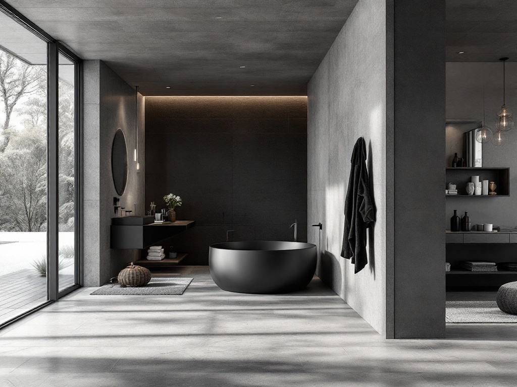 Modern open concept black bathroom with a sleek bathtub, large windows, and minimalist design.