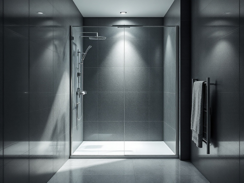 Modern glass shower enclosure in a narrow bathroom with gray tiles