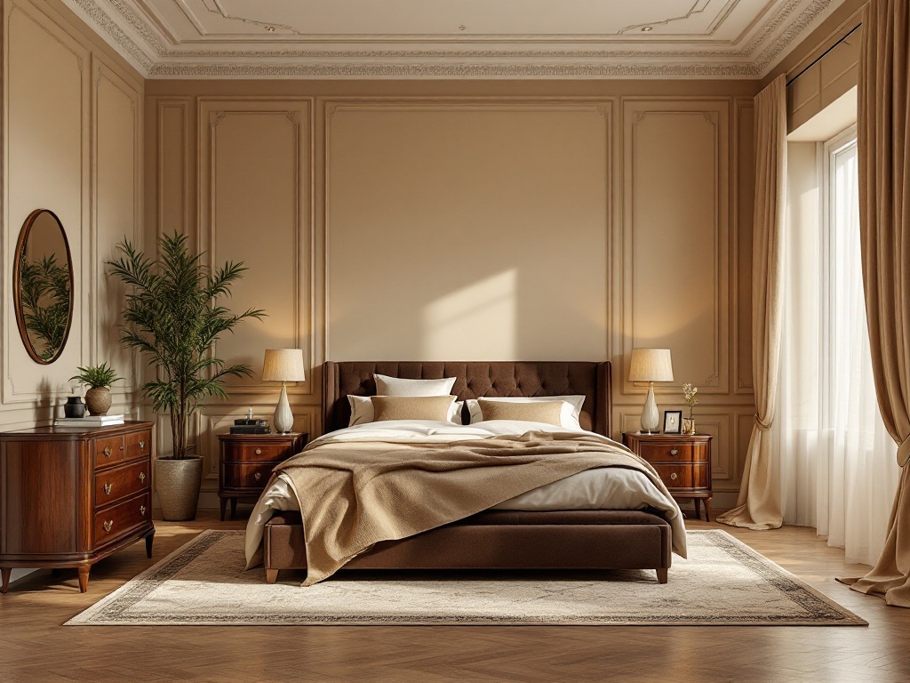 A cozy bedroom featuring beige walls, brown furniture, and warm lighting.