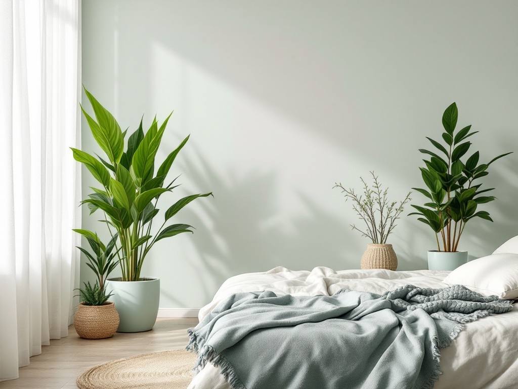 A cozy bedroom featuring sage green walls and various plants, including a large leafy plant and smaller potted plants, with a bed and soft textiles.
