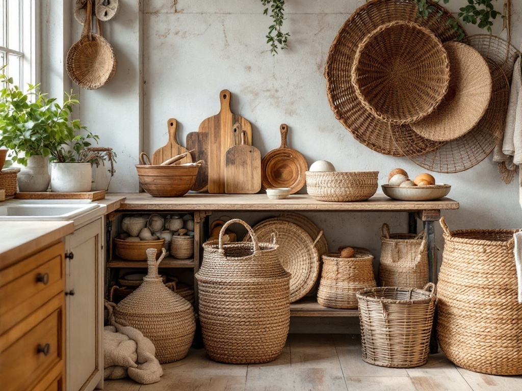 A rustic kitchen featuring woven baskets for storage, wooden cutting boards, and plants.