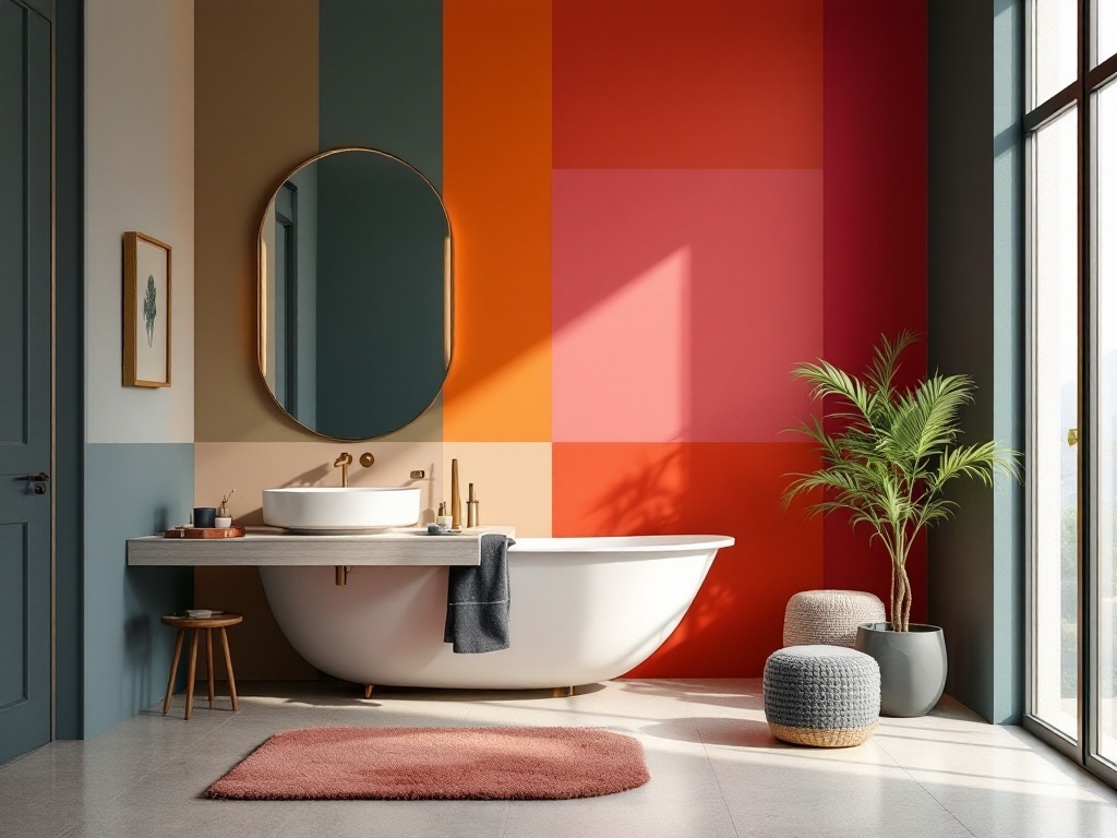 A modern bathroom with bold color blocks on the walls, featuring a freestanding bathtub, round mirror, and potted plant.