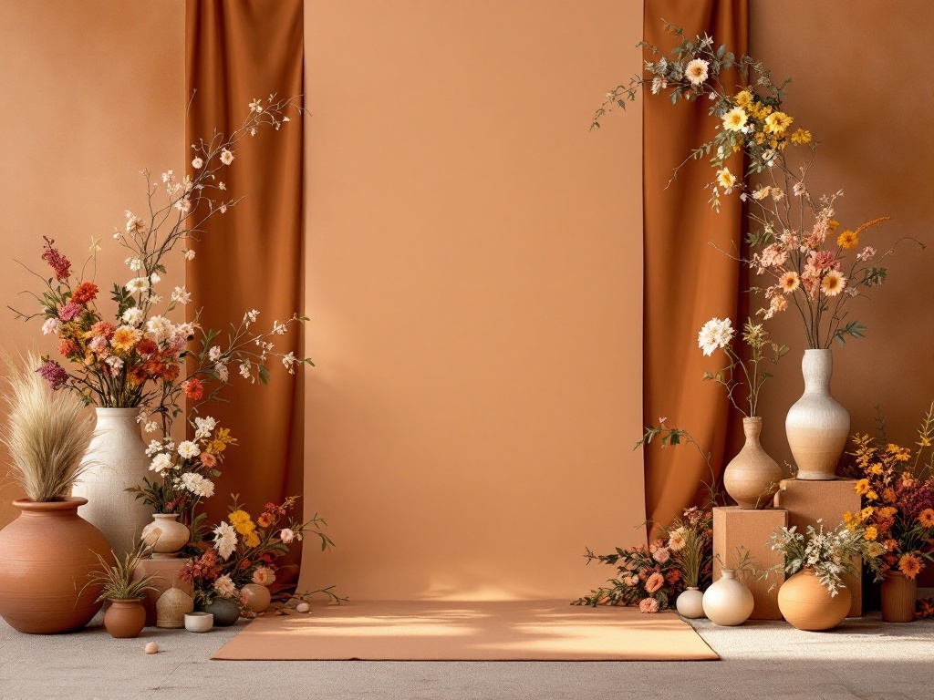 Terracotta backdrop with floral arrangements in vases