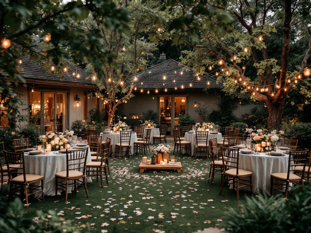 A beautifully arranged backyard wedding seating with round tables, wooden chairs, and string lights.