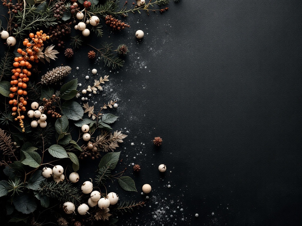 A collection of seasonal botanicals including berries, pine cones, and greenery on a dark background.