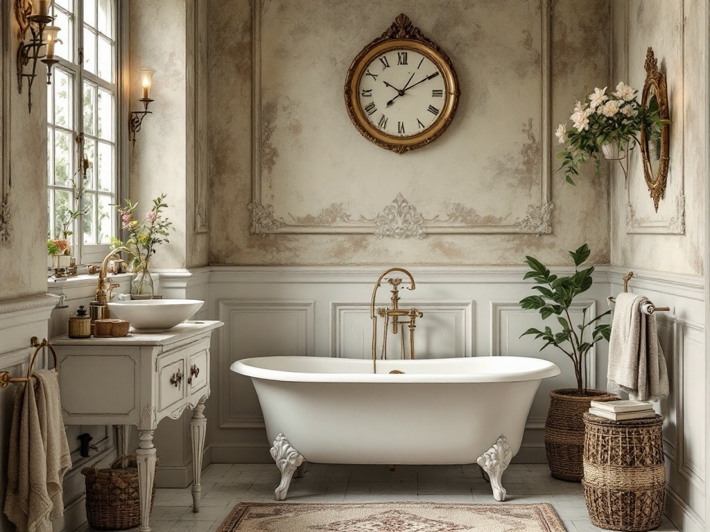 A luxurious bathroom with a freestanding bathtub, vintage sink, and elegant decor in a French country style.