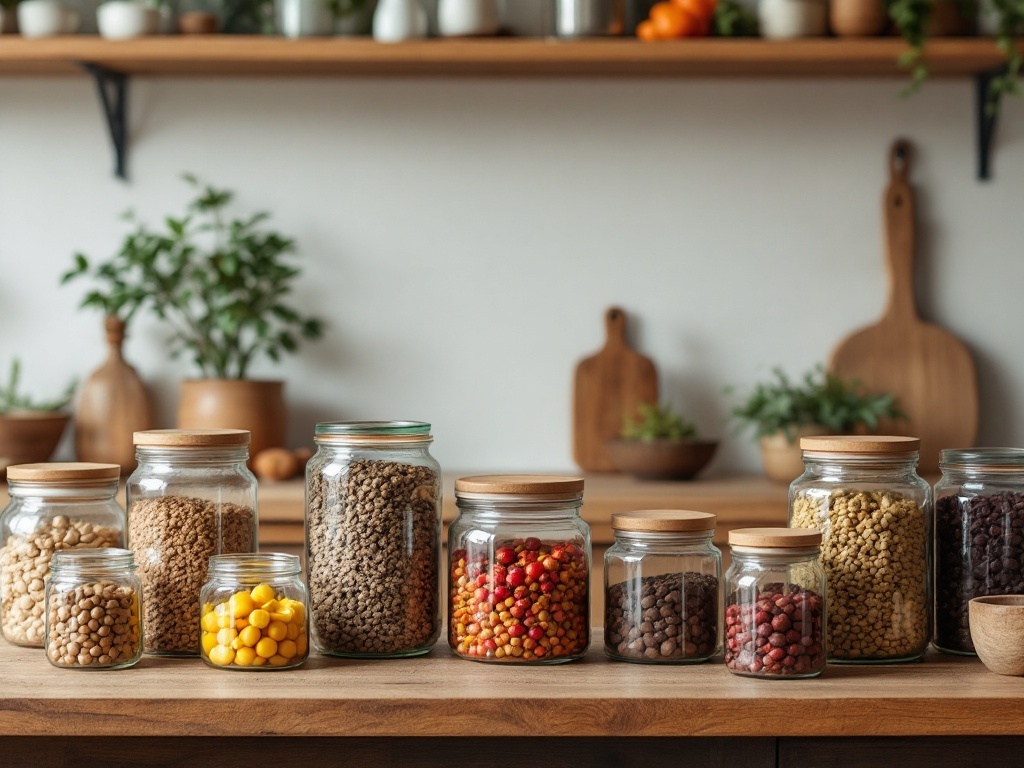 Glass jars filled with grains and snacks on a wooden countertop, with plants and wooden utensils in the background.