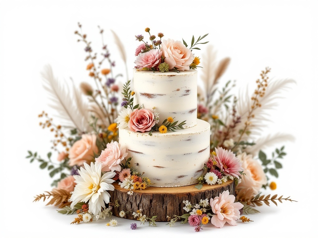 A two-tiered wedding cake with a rustic birch bark design, decorated with flowers and feathers, set on a wooden base.