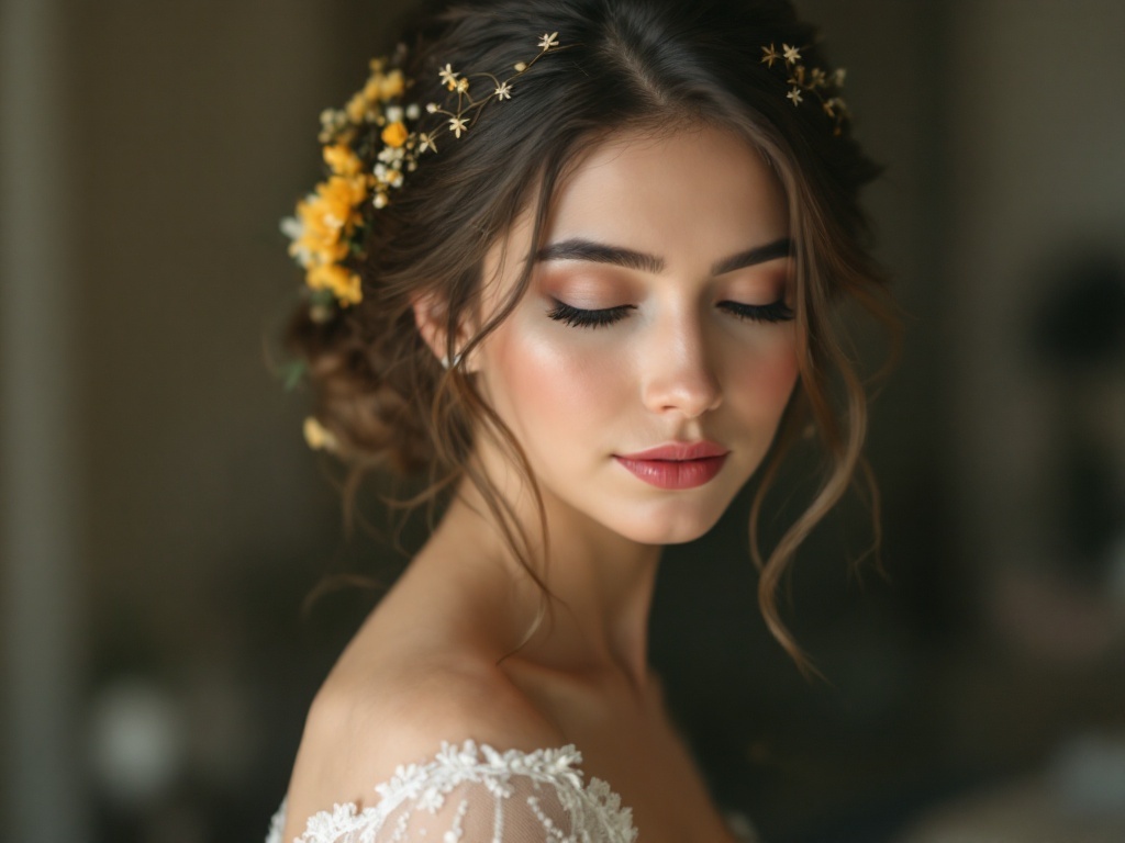 A bride with delicate yellow floral hair accessories, showcasing a romantic hairstyle.