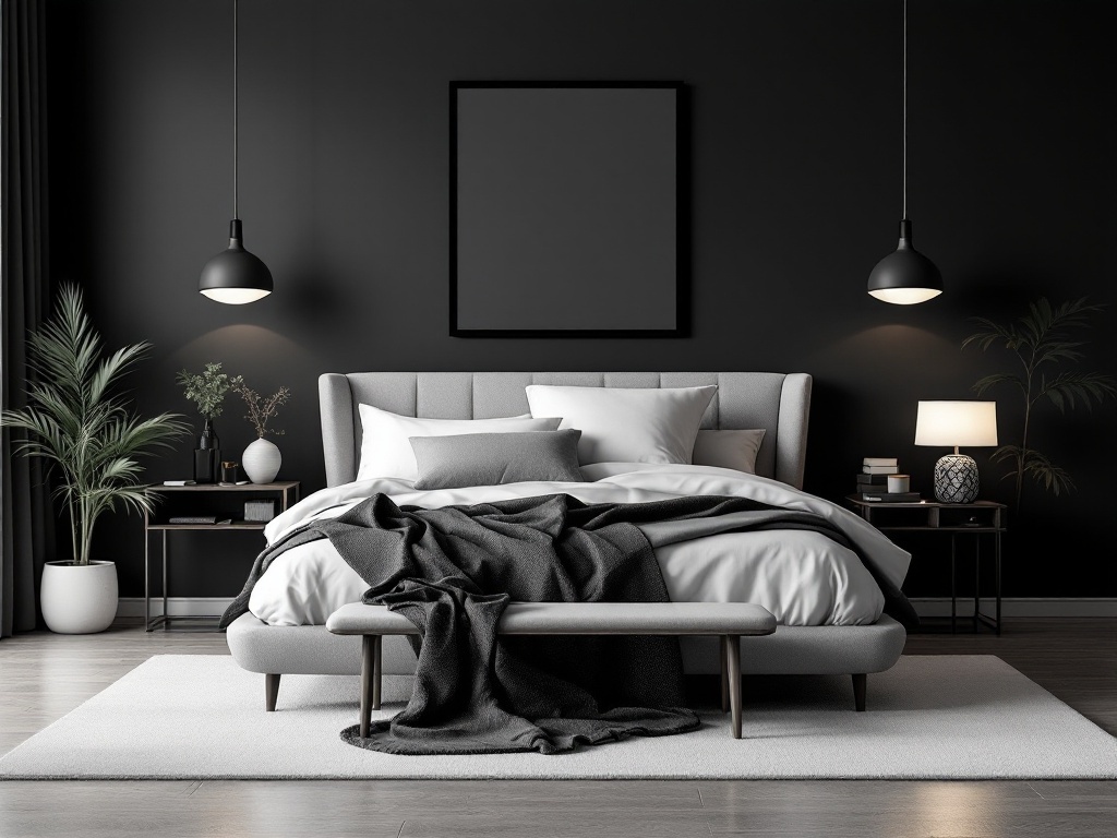 A chic monochrome bedroom featuring black walls, gray bedding, and stylish lighting.