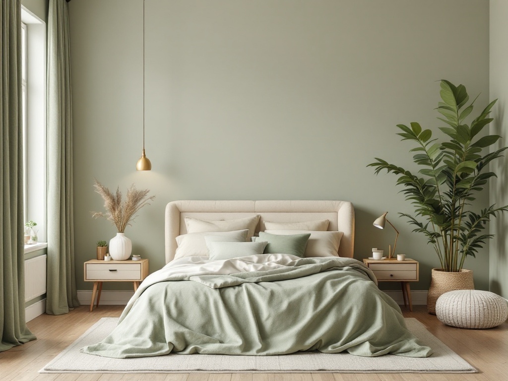 A cozy bedroom with sage green walls, cream bedding, and natural decor.