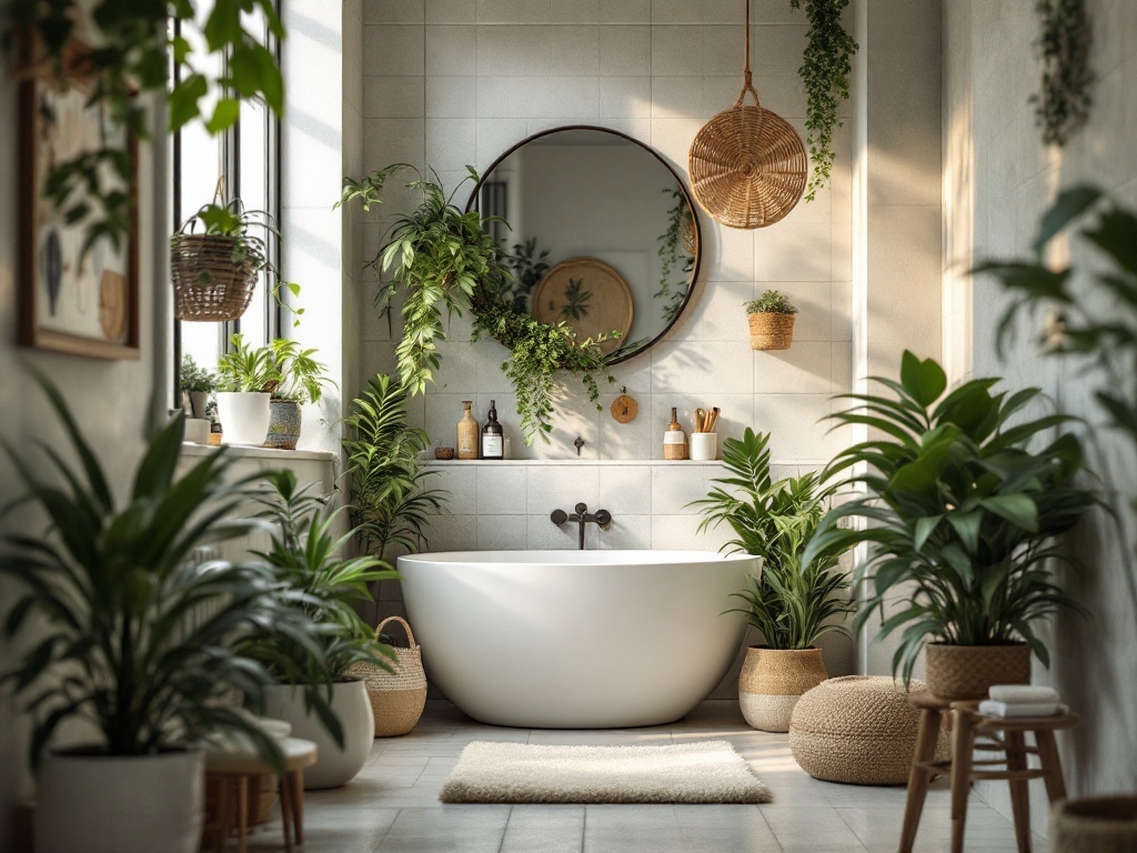 A narrow bathroom with a white bathtub, round mirror, and various plants creating a nature-inspired decor.