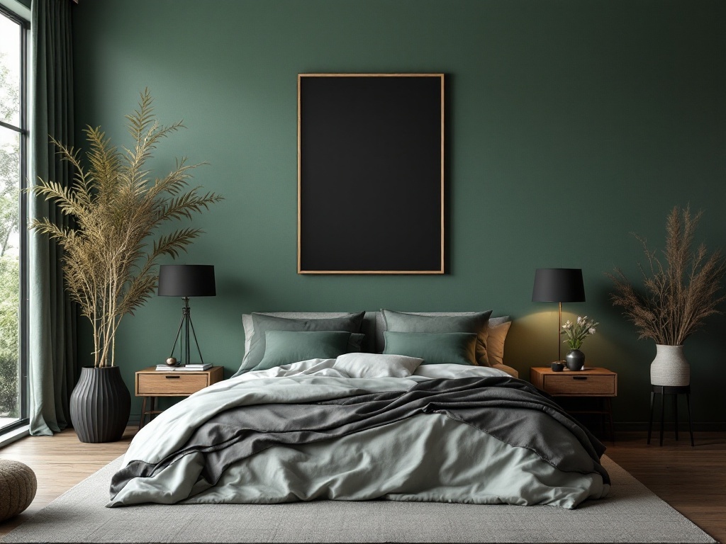 A stylish bedroom featuring sage green walls, black accents, and cozy bedding.