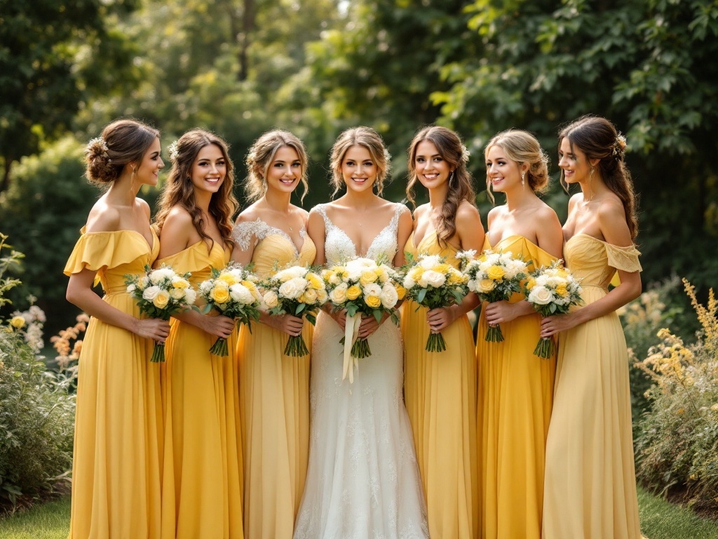 A group of bridesmaids in yellow dresses holding bouquets, standing with the bride in a garden setting.