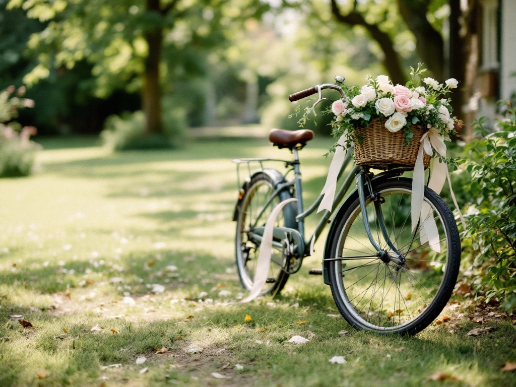 A vintage bicycle with a flower basket in a green backyard setting
