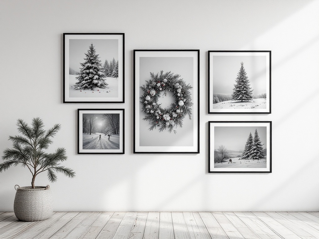 A collection of black and white framed photographs featuring snowy landscapes and a wreath, displayed on a wall with a potted plant.