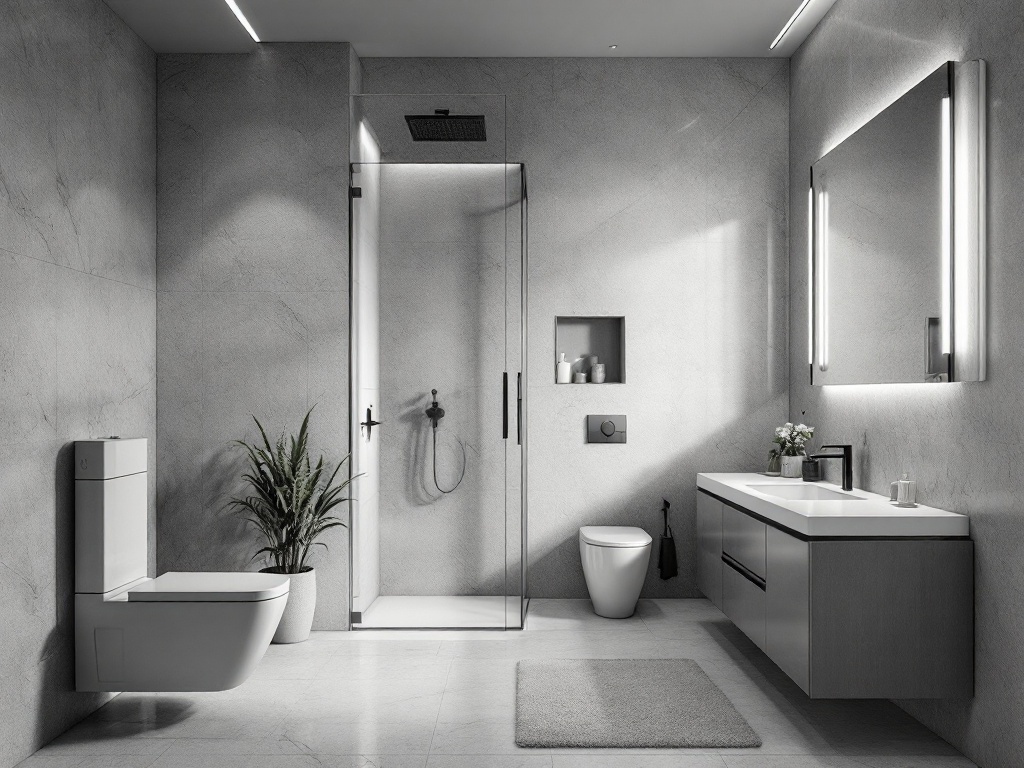 Modern minimalist bathroom featuring a glass shower, neutral tones, and a potted plant.