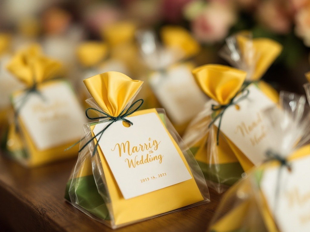 Wedding favors in yellow and green packaging with tags