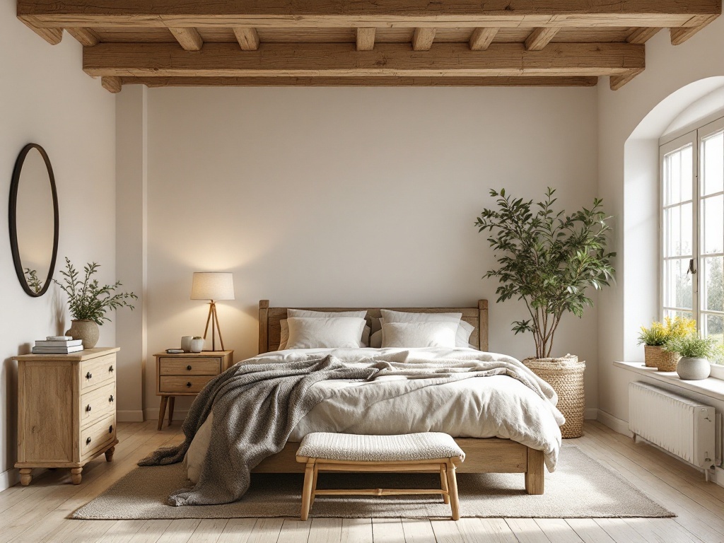 A cozy bedroom featuring warm neutrals, wooden beams, and rustic decor.