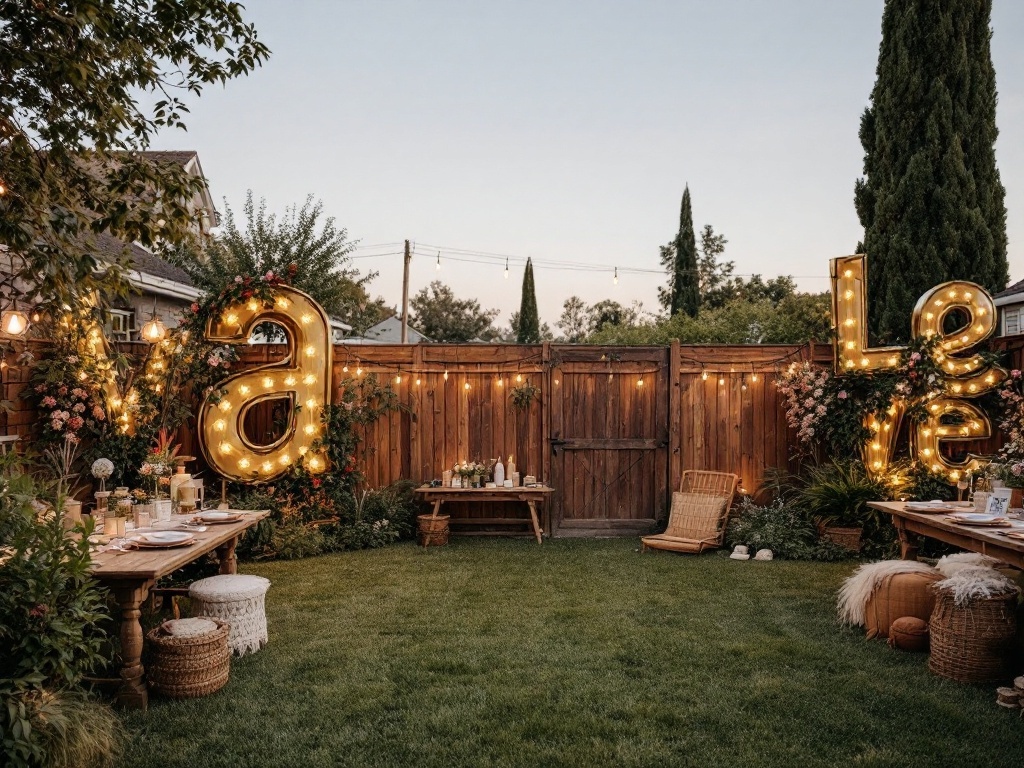 Backyard wedding setup with glowing letters spelling 'Love', wooden tables, and string lights.