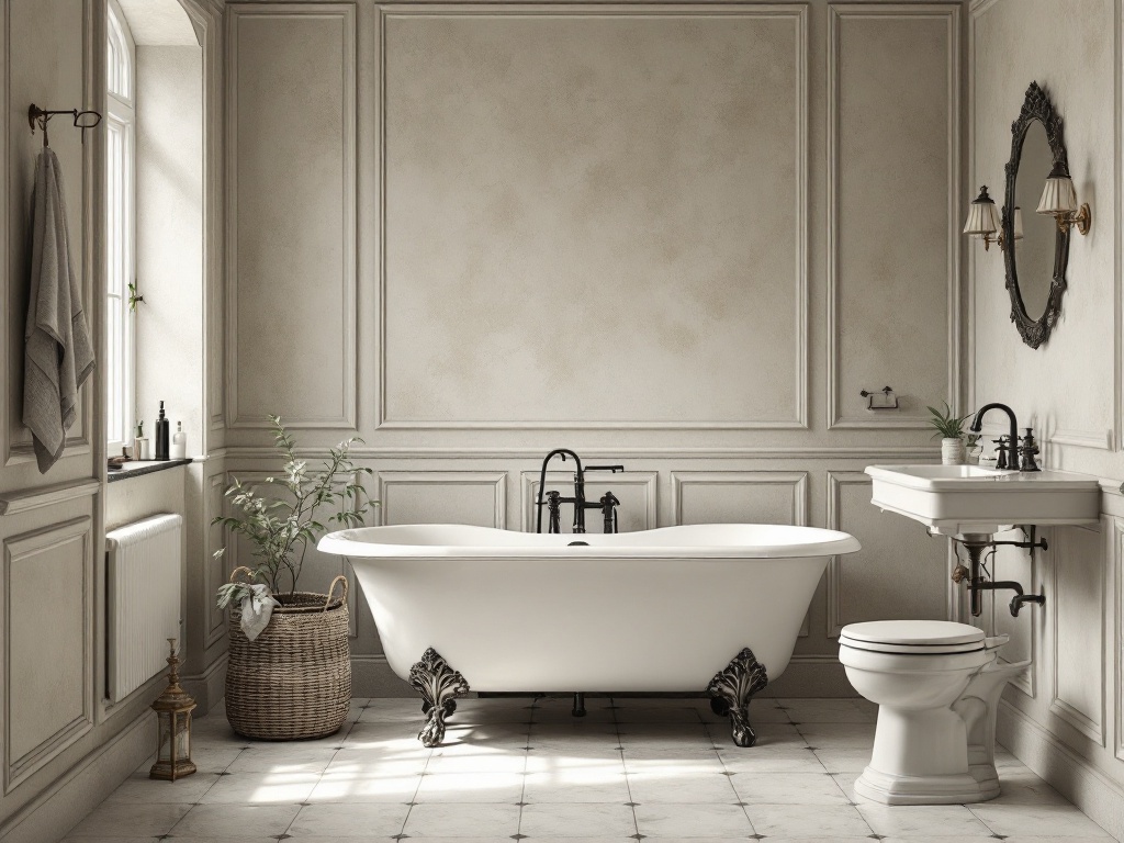 A vintage-style bathroom featuring a freestanding bathtub, elegant fixtures, and classic paneling.