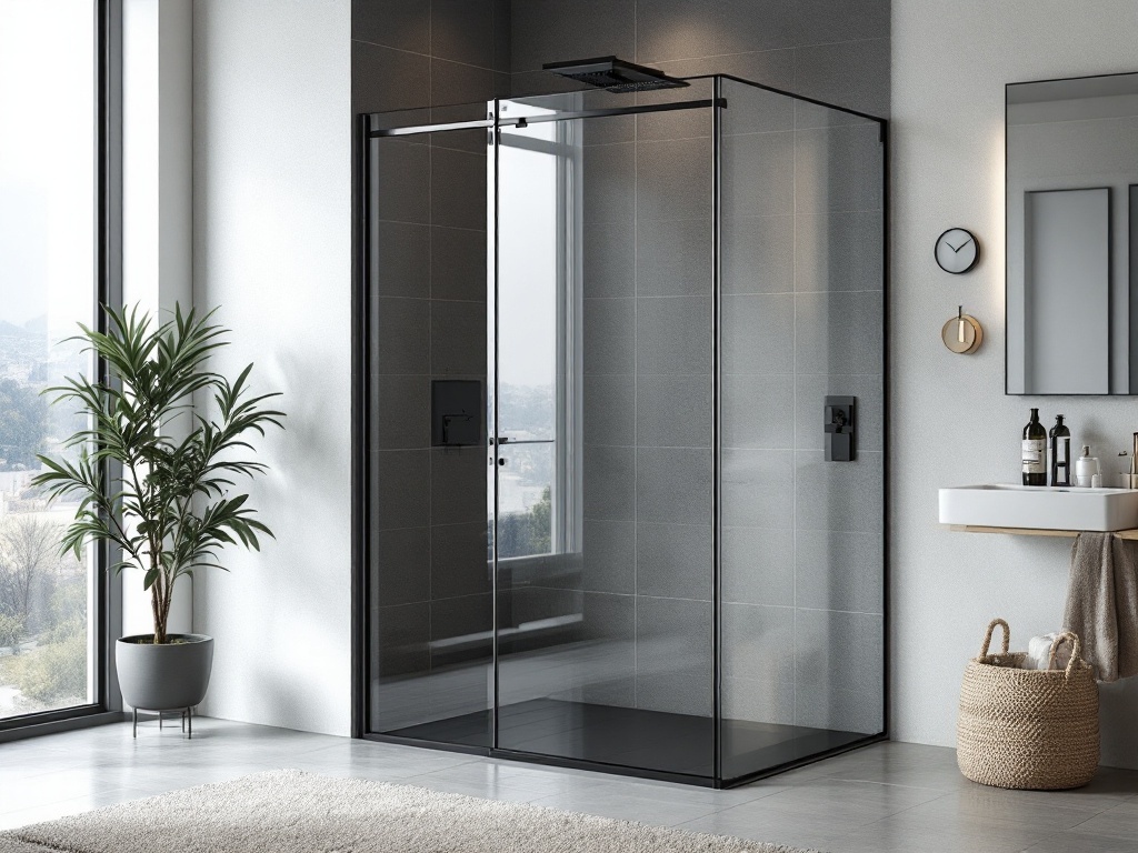 Modern bathroom featuring a black glass shower enclosure with a plant and minimalist decor.