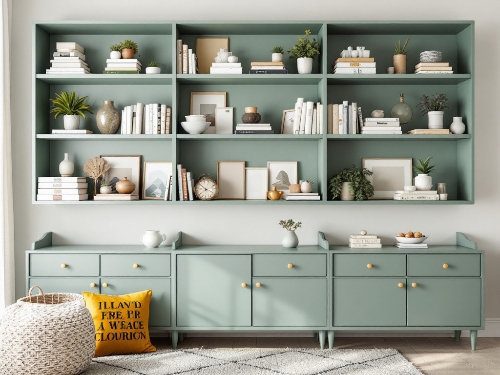 A stylish sage green shelving unit with books, plants, and decorative items.