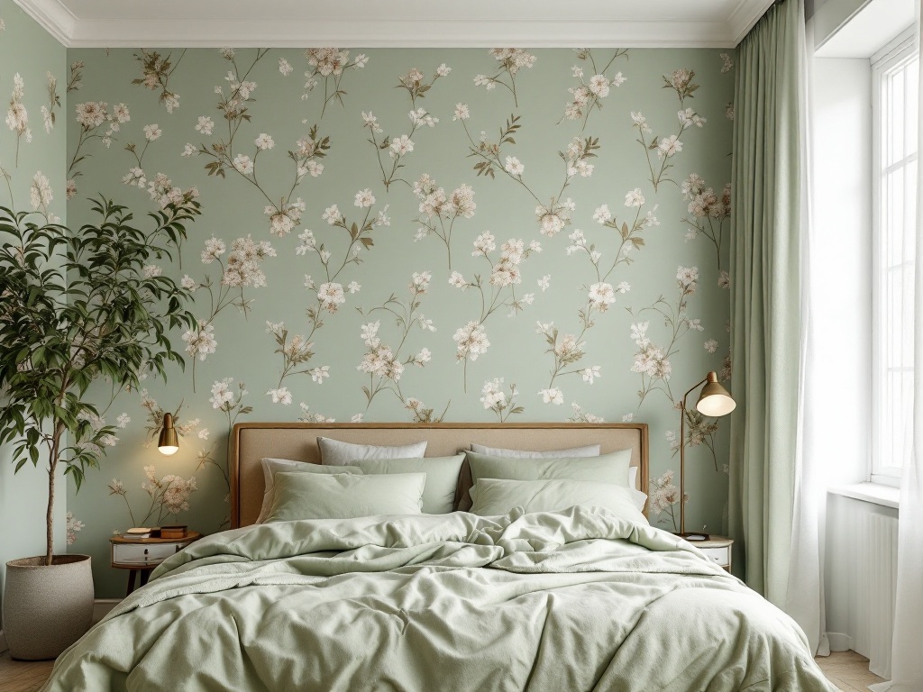 A serene bedroom with sage green floral wallpaper, light bedding, and a potted plant.