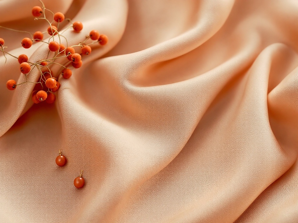 Terracotta earrings on peach fabric with orange berries
