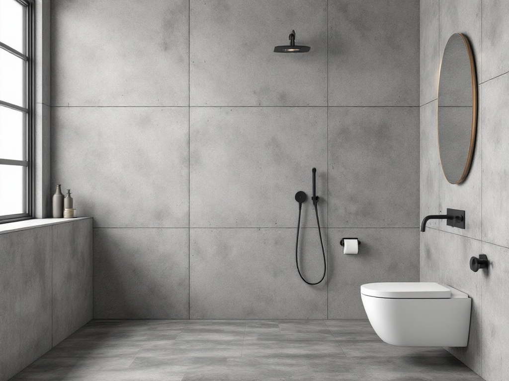 A modern bathroom with concrete walls and flooring, featuring a large window, black fixtures, and a round mirror.