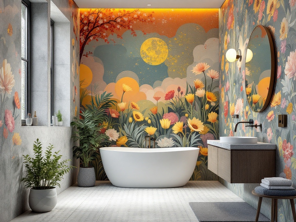 A luxurious bathroom featuring a vibrant floral mural, a freestanding tub, and potted plants.
