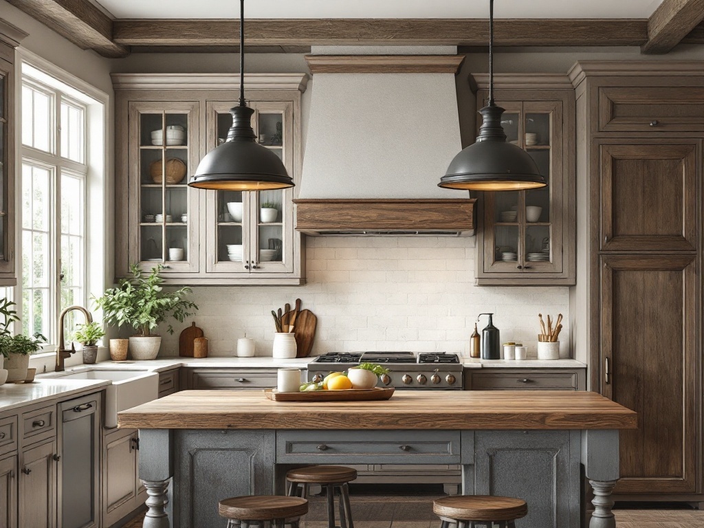 A rustic kitchen featuring farmhouse-style lighting fixtures with black pendant lights over a wooden island.