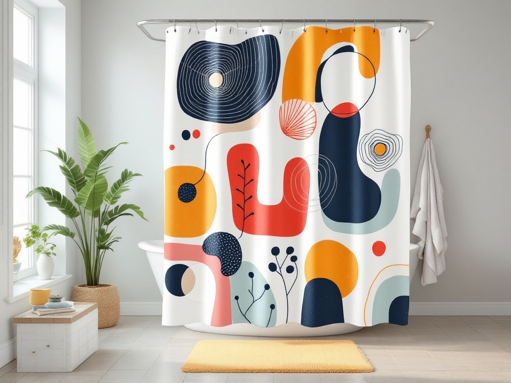 A colorful mid-century modern shower curtain with abstract shapes and patterns.