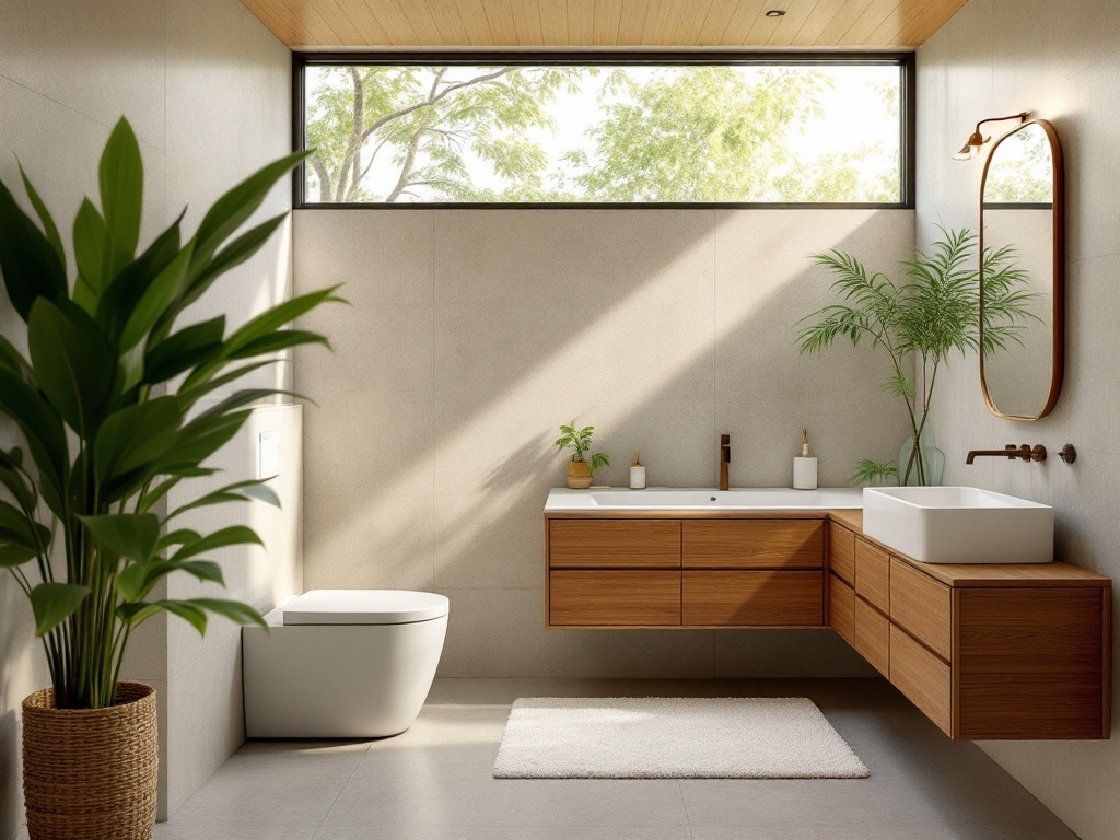 A modern bathroom featuring wooden cabinetry, a white sink, and plants, showcasing sustainable materials.